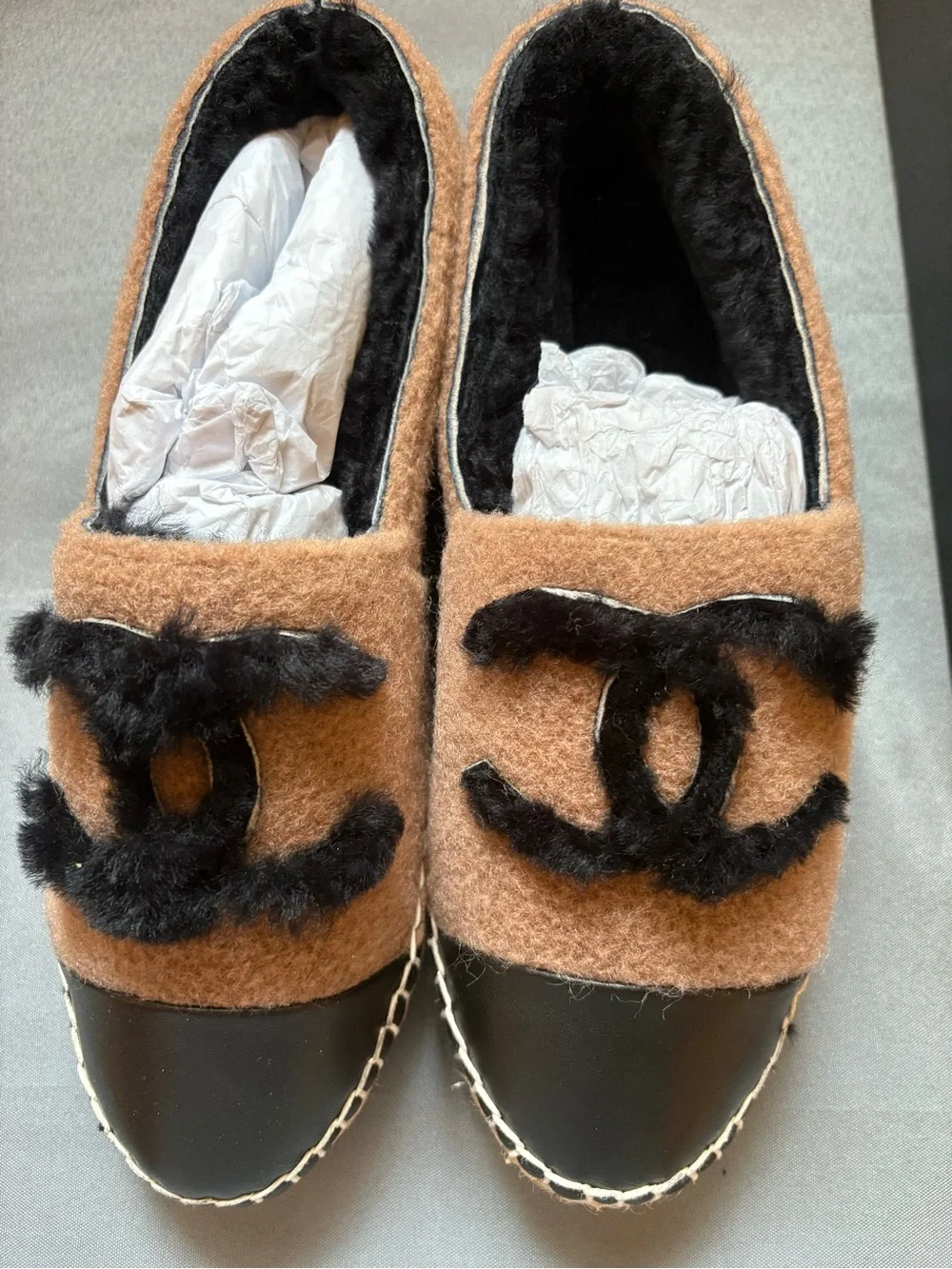 CHANEL NIB Brown Wool Slip-On Espadrille with Black Logo and Leather Toe